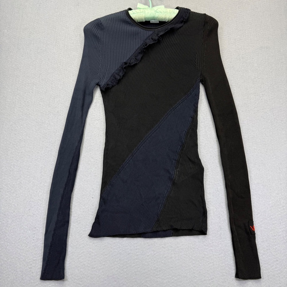 Victoria Beckham Ribbed Colorblock Ruffle‎ Top Black Navy SS23 XS 1223KTP004563A